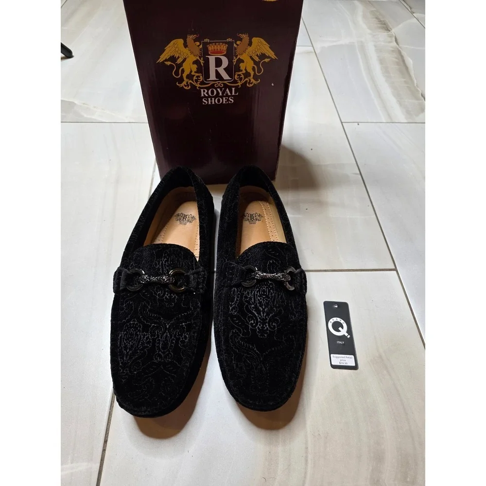 Royal Shoes Mens Black Velvet Paisley Damask Bit Loafers MOC-107 Size 8.5‎ NEW